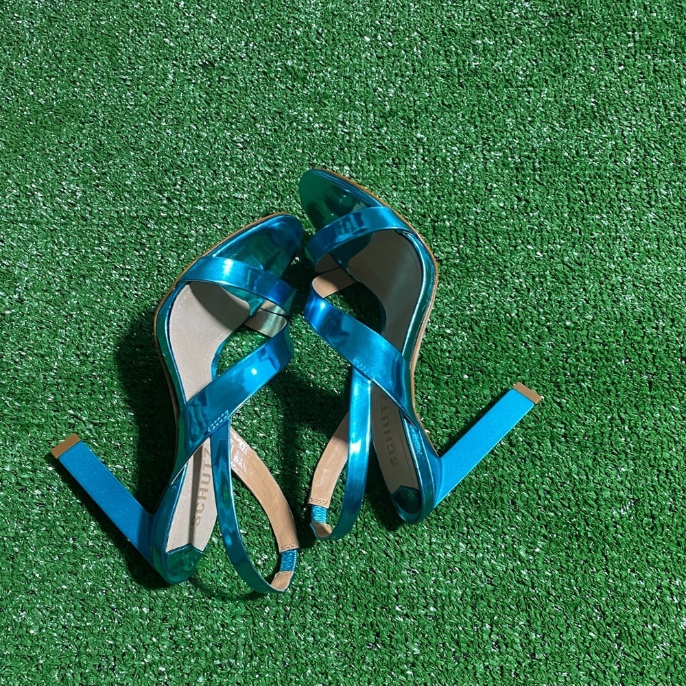 Schutz Kelly Sandal Blue Metallic Leather High Heel Strappy Shoes Size 6B X-17 - Picture 5 of 7